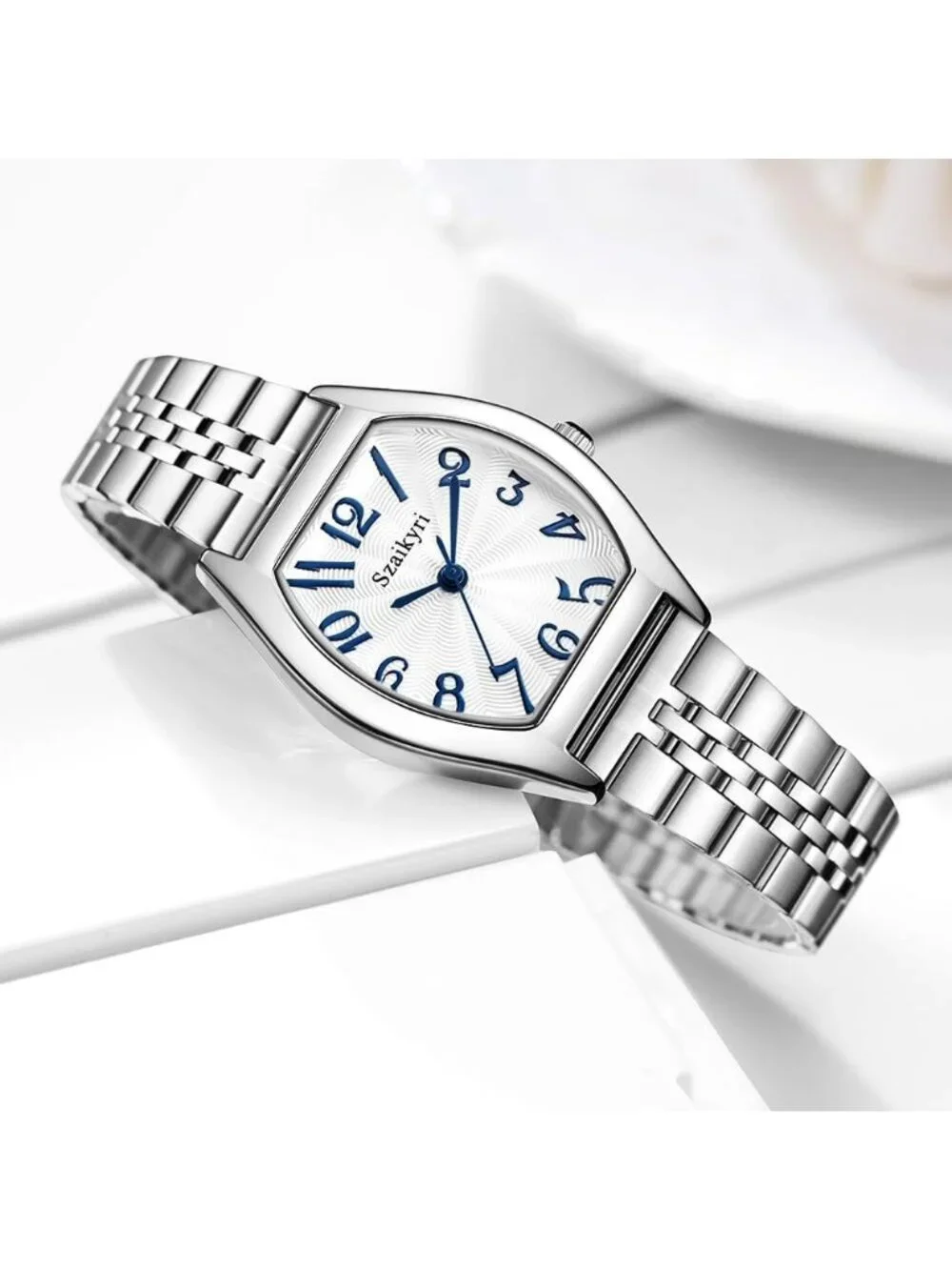 Women's Silver-Blue Barrel-Shaped Easy Read Arabic Numerals Dress Wrist Watch